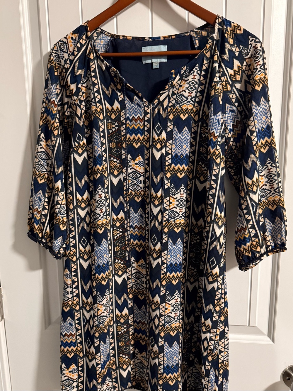 Women’s Boho Geometric Print Navy & Cream Women’s Tunic Short Dress Sz 8
